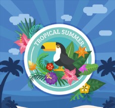 创意热带夏季大嘴鸟标签矢量图