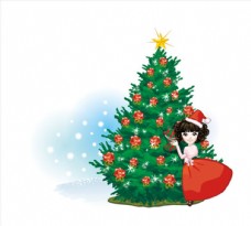 圣诞女孩圣诞树女孩插画