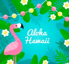 灯火彩色夏威夷火烈鸟和花草矢量图