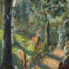 树林动物风景油画