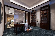 绣花中式卧室书房3D效果图