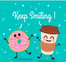 可爱笑脸咖啡和甜甜圈矢量
