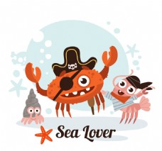 3个卡通海盗装扮海洋动物矢量图