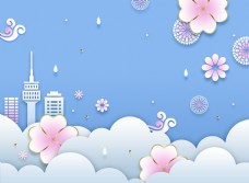 建筑卡通清新韩式春天气息卡通立体花朵建筑背景