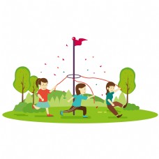春季卡通矢量围着国旗玩游戏的小朋友