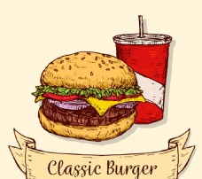彩绘美味汉堡包和可乐矢量图
