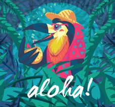 度假卡通喝椰汁的夏威夷鸟矢量素材