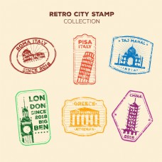 世界建筑6款彩色世界标志性建筑邮票元素