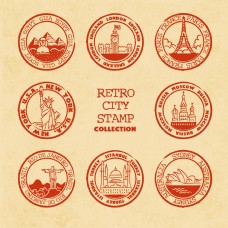 8款圆形世界建筑邮票元素