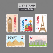 世界建筑5款彩色世界标性旅游建筑邮票元素