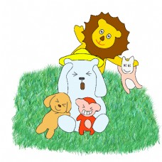 小动物世界卡通动物世界狮子小熊草地玩耍