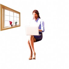 招聘海报手绘窗边用电脑办公的女孩