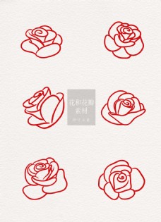玫红色玫瑰花和花瓣红色玫瑰线条手绘ai矢量元素