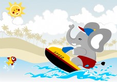 开心欢乐海上冲浪大象儿童插画