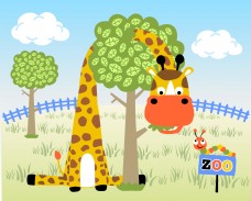 蓝天白云草地可爱动物园长颈鹿儿童插画
