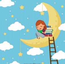 书本创意月亮上读书的女孩