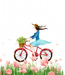 放假手绘小女孩在花丛中骑车元素