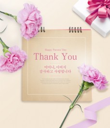 韩系父亲节粉色康乃馨丝带礼物贺卡海报设计