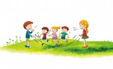 卡通儿童草地上跳绳元素