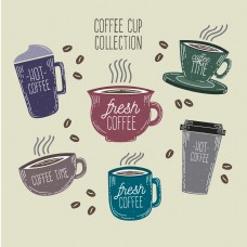 6款彩色英文咖啡杯插画元素