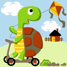 儿童可爱小乌龟骑车放风筝可爱卡通图片