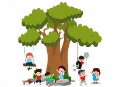 绿树一群在大树下面玩耍的小朋友矢量图