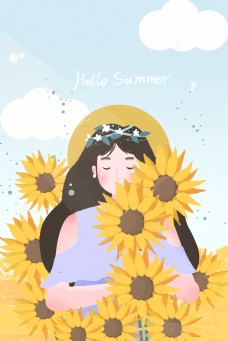 你好夏天向日葵花仙子海报背景图