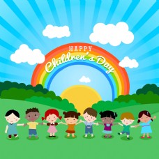 六一快乐卡通彩虹下的儿童节人的元素设计