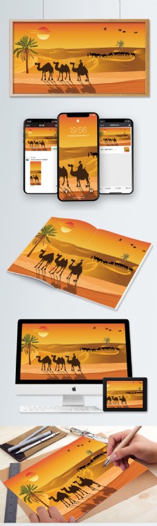 沙漠旅游金色夕阳骆驼队伍椰子树