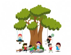 绿树大树下开心玩耍的小朋友矢量图