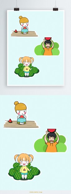 二十四节气卡通可爱吃西瓜的人儿设计元素