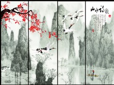 山水诗歌手绘中国风背景墙