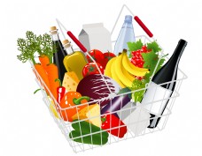 蔬菜与水果购物筐里的水果蔬菜与红酒