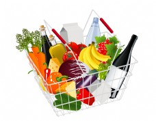 蔬菜与水果购物筐里的蔬菜水果与洋酒