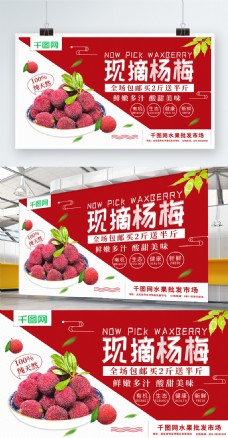红色清新现摘杨梅新鲜杨梅水果批发促销海报